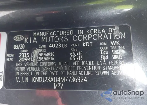 2021 Kia Soul S из США, поврежденный, VIN KNDJ23AU4M7736924